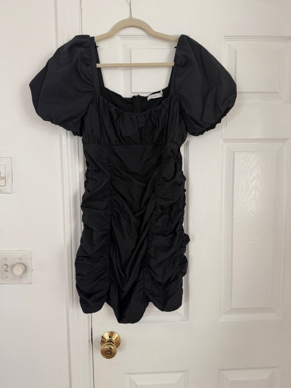 Lush Black Ruched Puff-Sleeve Mini Dress